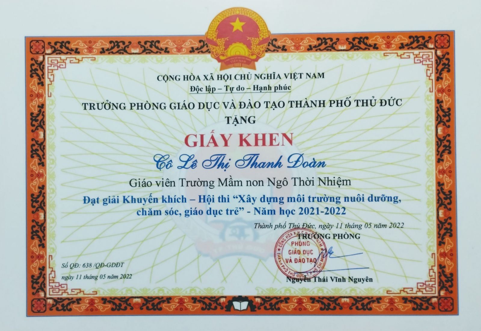 Cô Lê Thị Thanh Đoàn đạt giải khuyến khích - Hội thi Xây dựng môi trường nuôi dưỡng, chăm sóc, giáo dục trẻ năm học 2021 - 2022